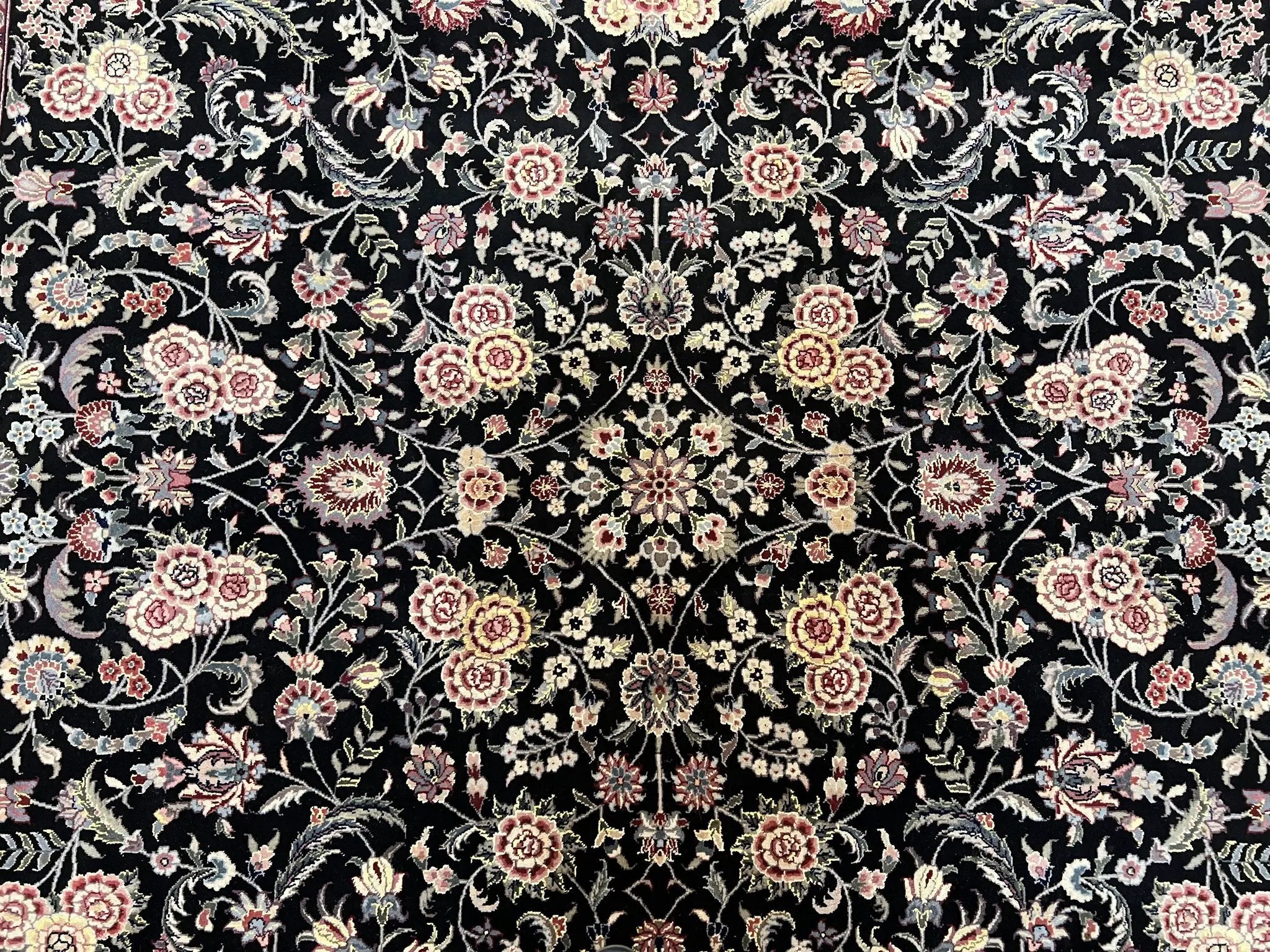 Pak Persian Rug 9x12, Floral Allover, Hand Knotted Oriental Carpet 9 x 12 ft, Black and Cream, Detailed, Wool with Silk Highlights, Vintage by Jewel Rugs
