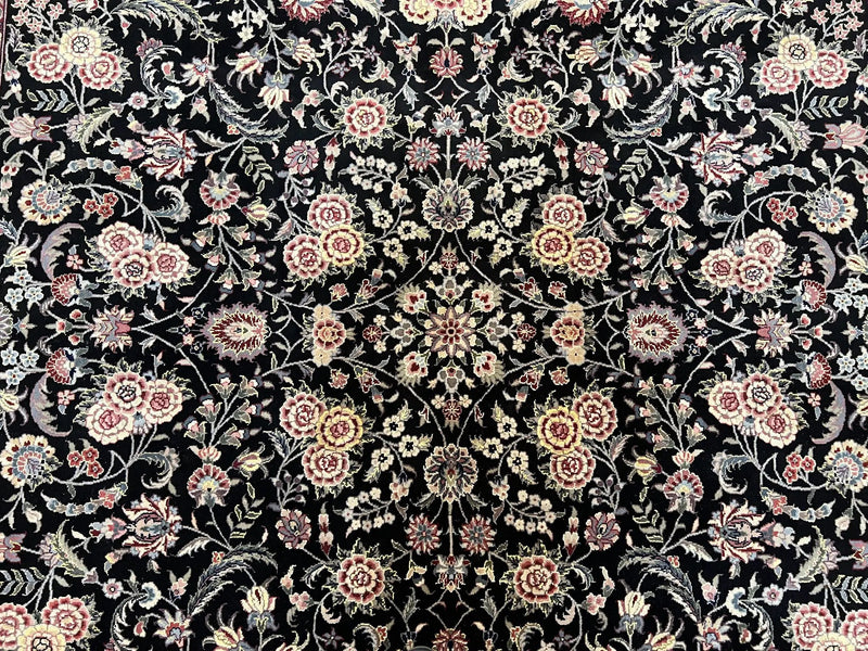 Pak Persian Rug 9x12, Floral Allover, Hand Knotted Oriental Carpet 9 x 12 ft, Black and Cream, Detailed, Wool with Silk Highlights, Vintage by Jewel Rugs