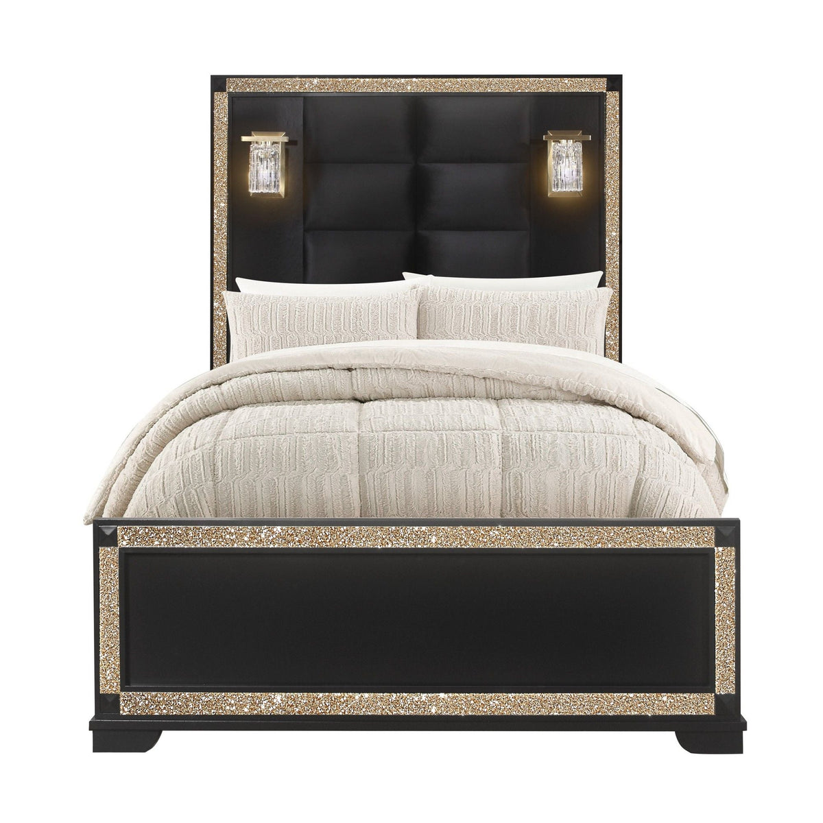 Bed With Lamps and Padded Headboard - Black