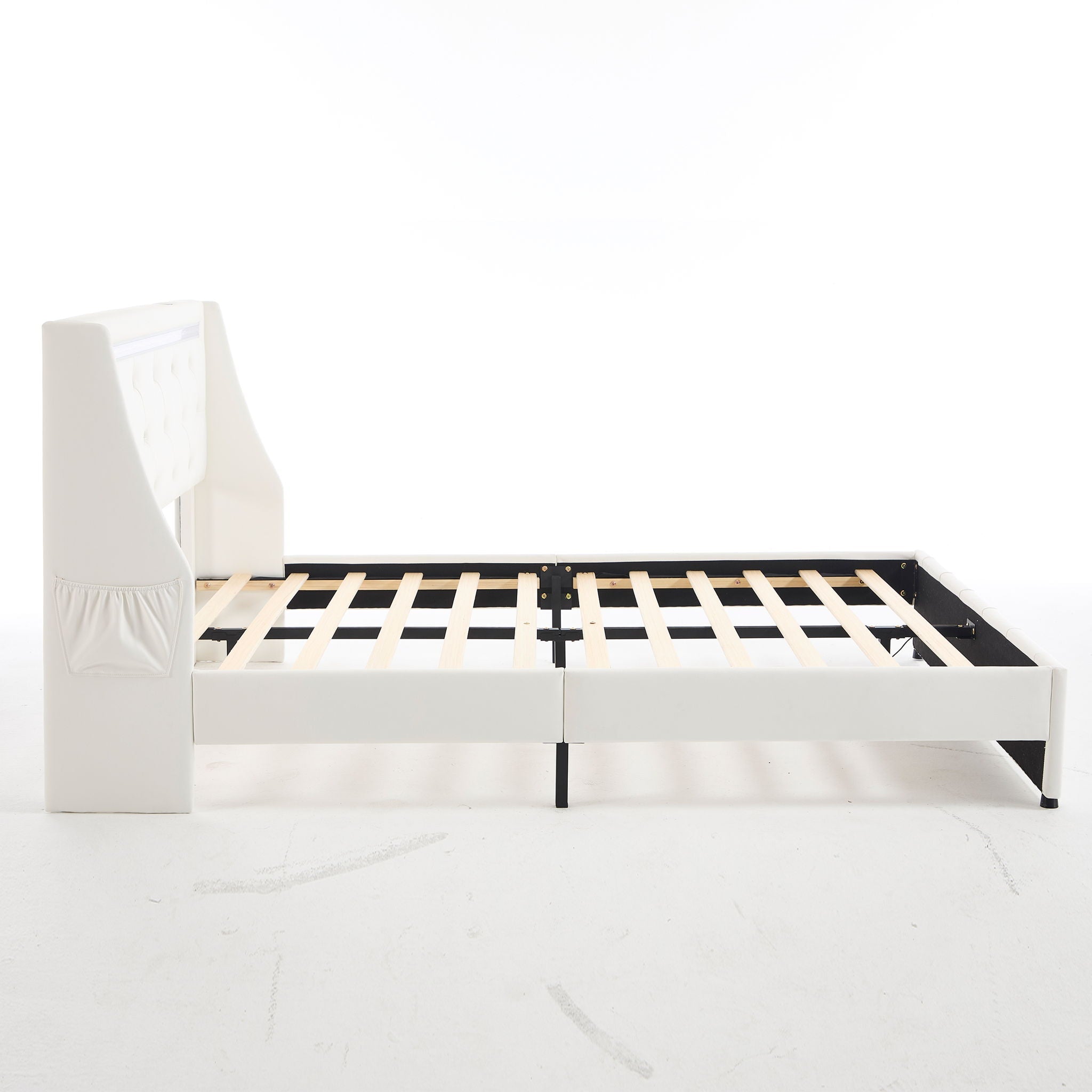 Wingback Upholstered Bed Frame With LED Lights, Charging Station by HouseOfZazla