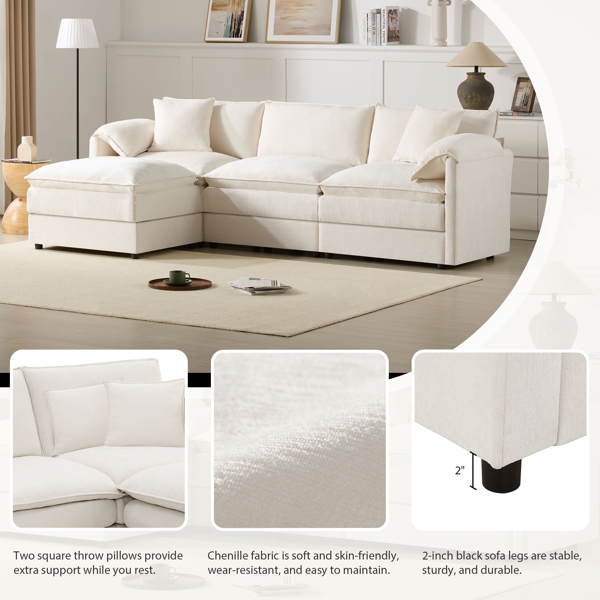 Modular Sectional With Deep And Wide Seat, Cloud Couch Set With Double Cushions Sofa With Movable Ottoman by HouseOfZazla