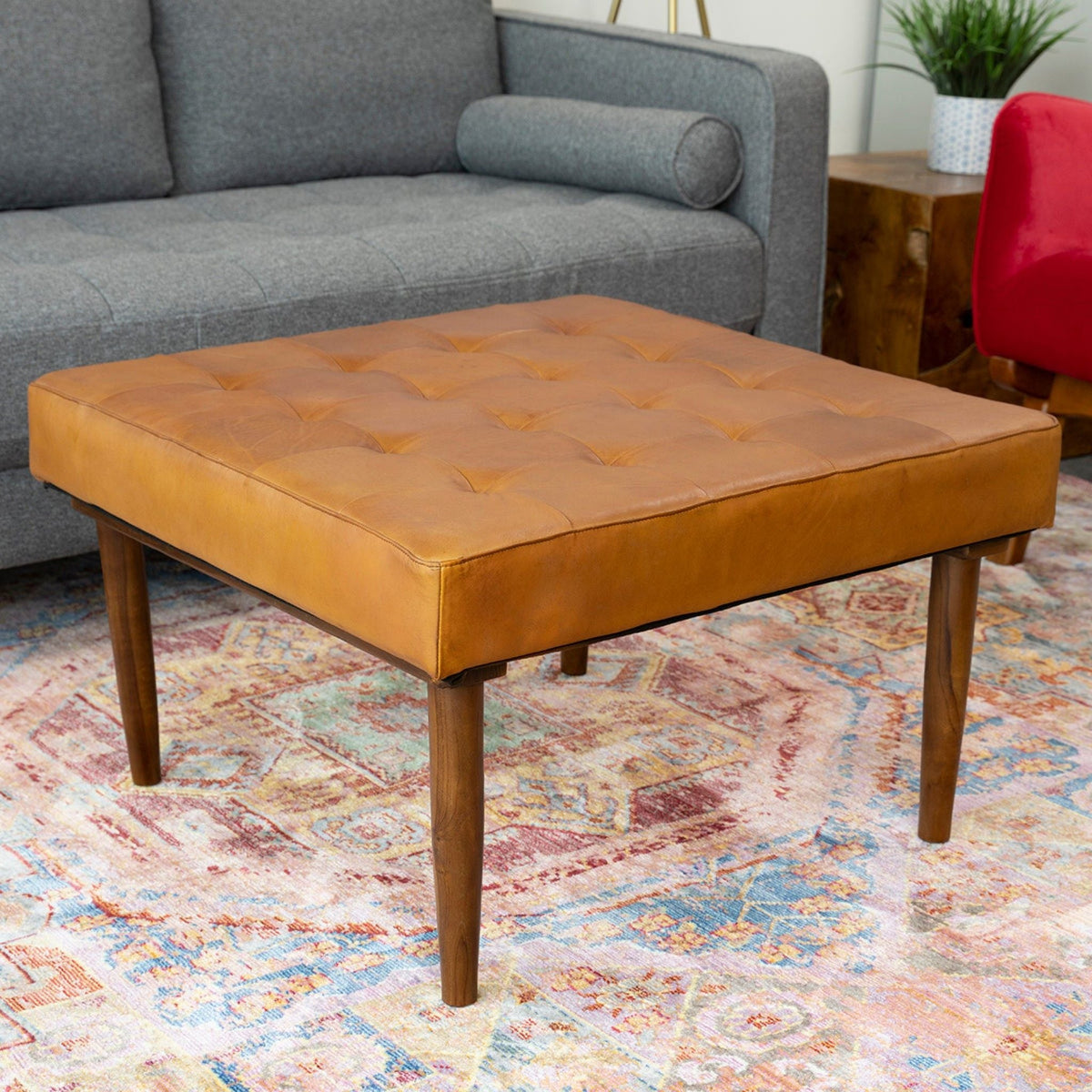 Tufted Square Genuine Upholstered Ottoman with High-Density Foam - Light Brown, photo 7 of 7