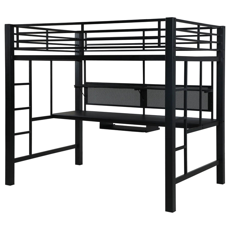 Ranier - Full Workstation Loft Bed, Full Length Desk, Safety Rails And Storage Shelves - Black by HouseOfZazla