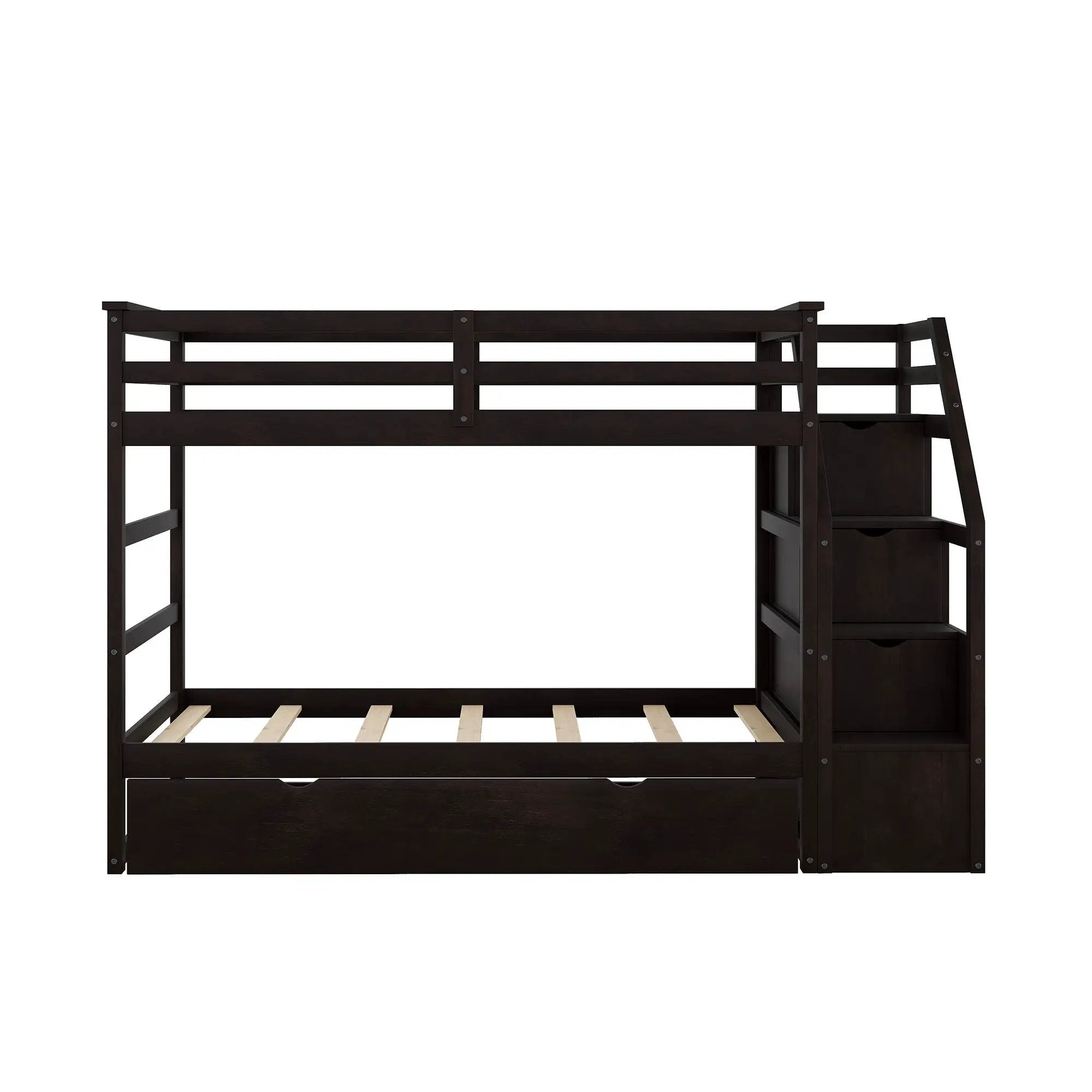 Twin Over Twin Bunk Bed With Twin Size Trundle And 3 Storage Stairs - Espresso by HouseOfZazla