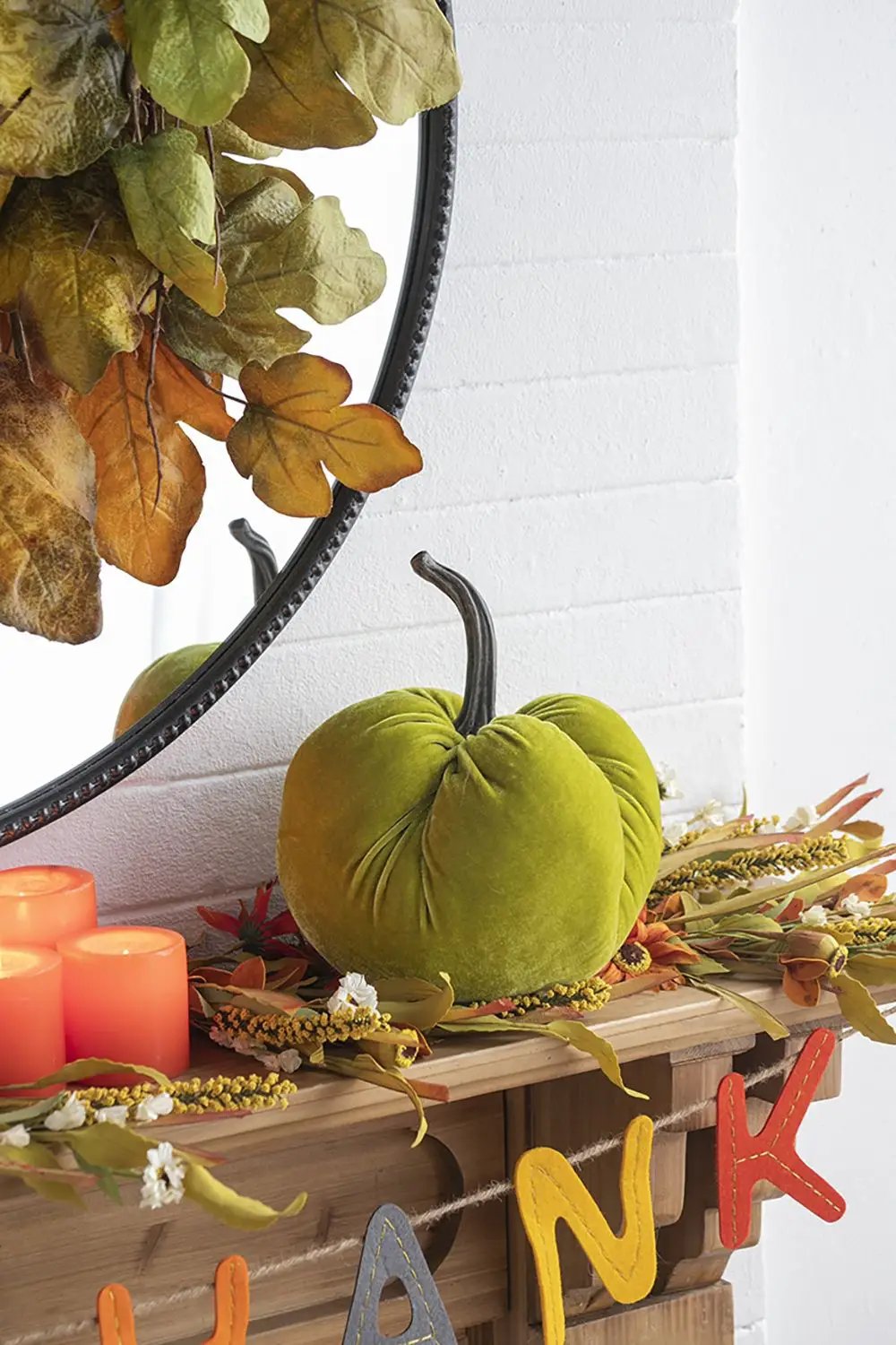 Velvet Weighted Pumpkin With Resin Stem Apple, Pumpkin Ornament Decor For Holiday Harvest Festival Fall Festival & Thanksgiving (Set of 2) - Green by HouseOfZazla