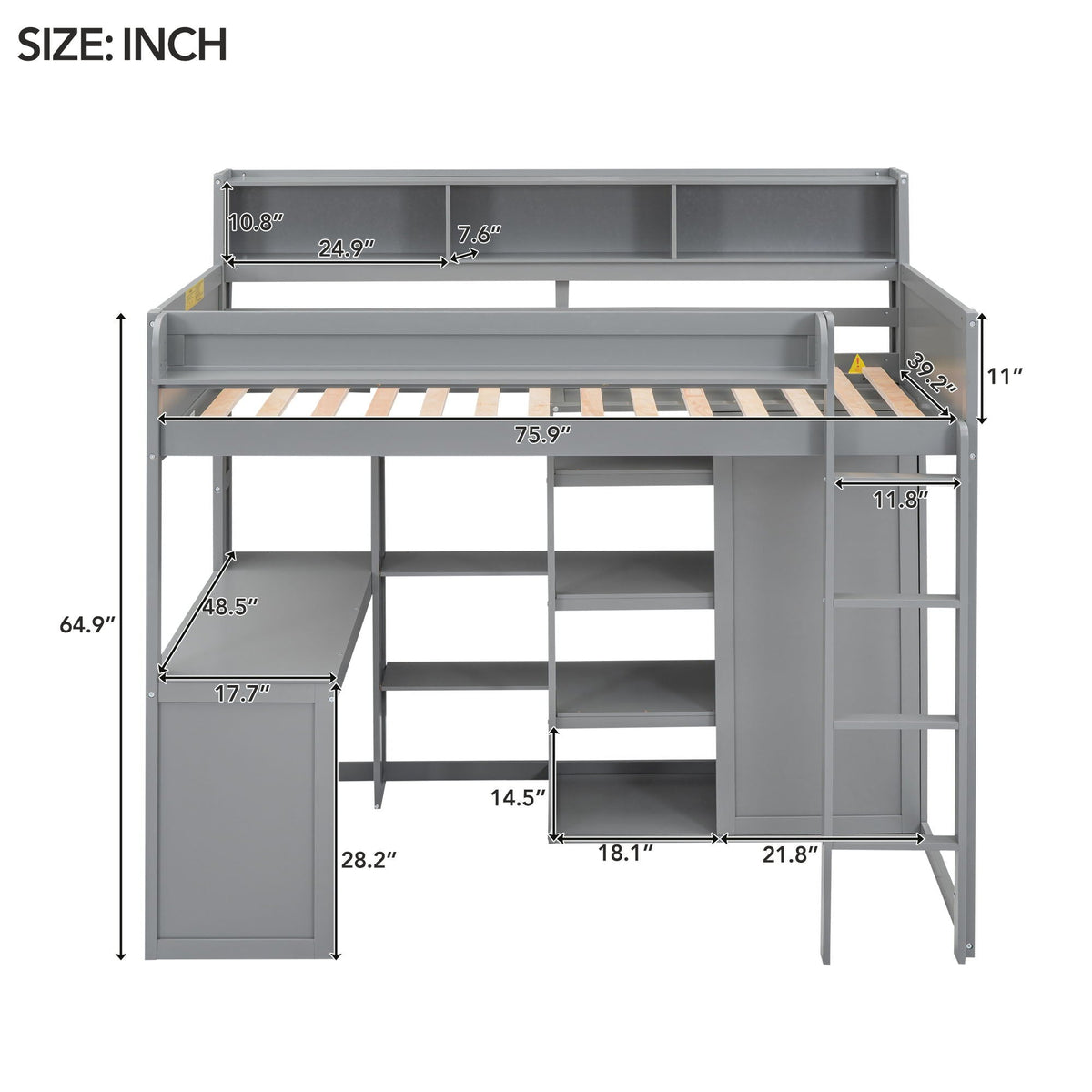 Twin Loft Bed with Built-In Desk, Storage Shelves & Wardrobe - Wood Frame, photo 17 of 26