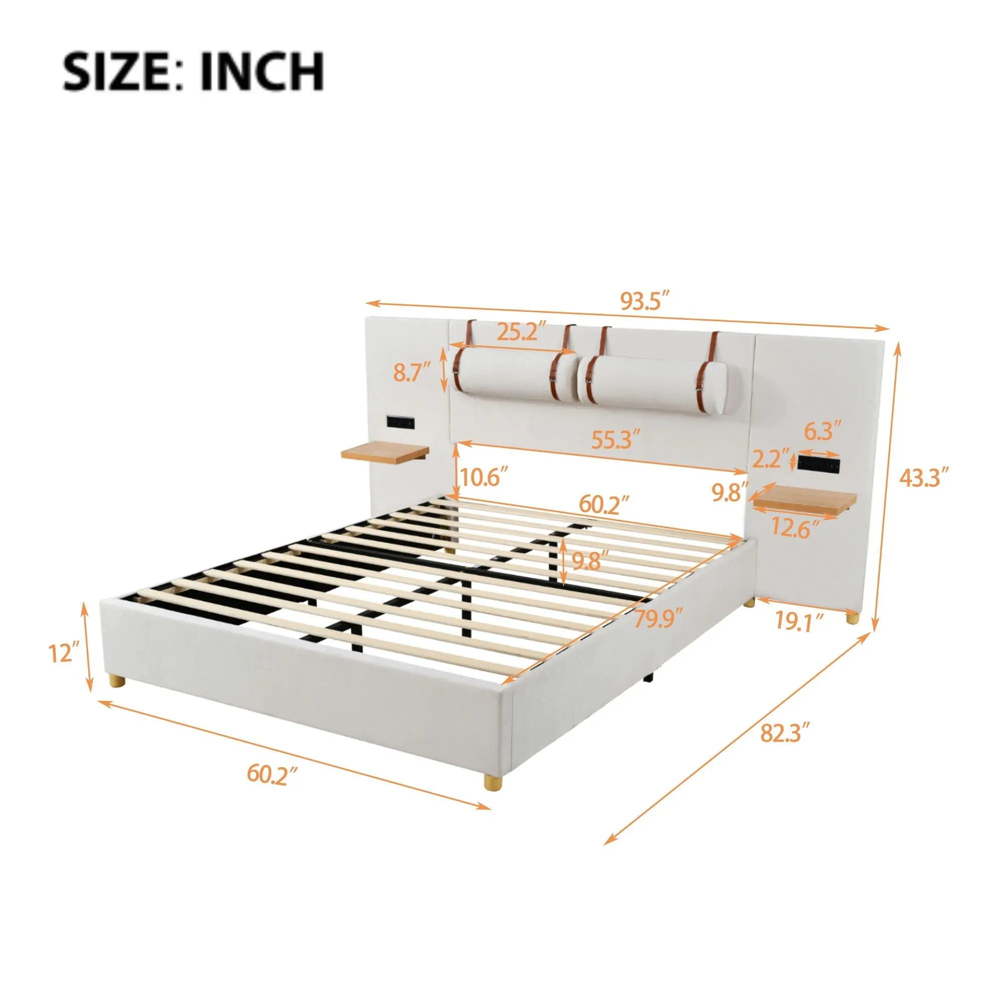 Upholstered Platform Bed, 2 Outlets And USB Charging Ports On Both Sides, 2 Bedside Pillows, Storage Shelves by HouseOfZazla
