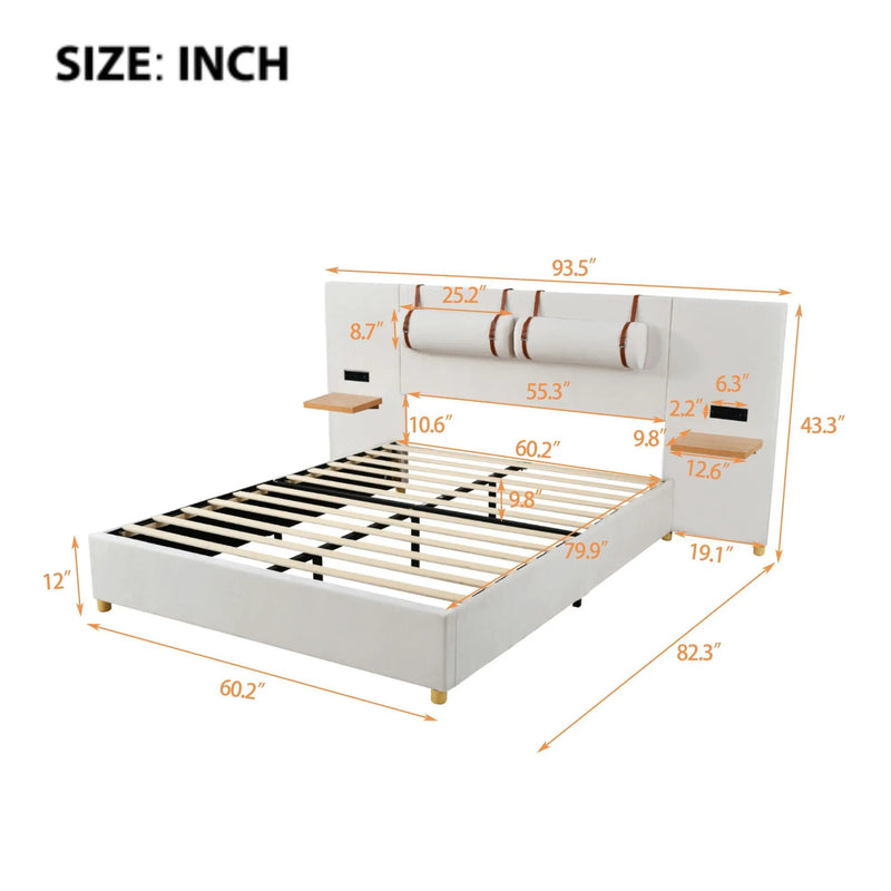 Upholstered Platform Bed, 2 Outlets And USB Charging Ports On Both Sides, 2 Bedside Pillows, Storage Shelves by HouseOfZazla