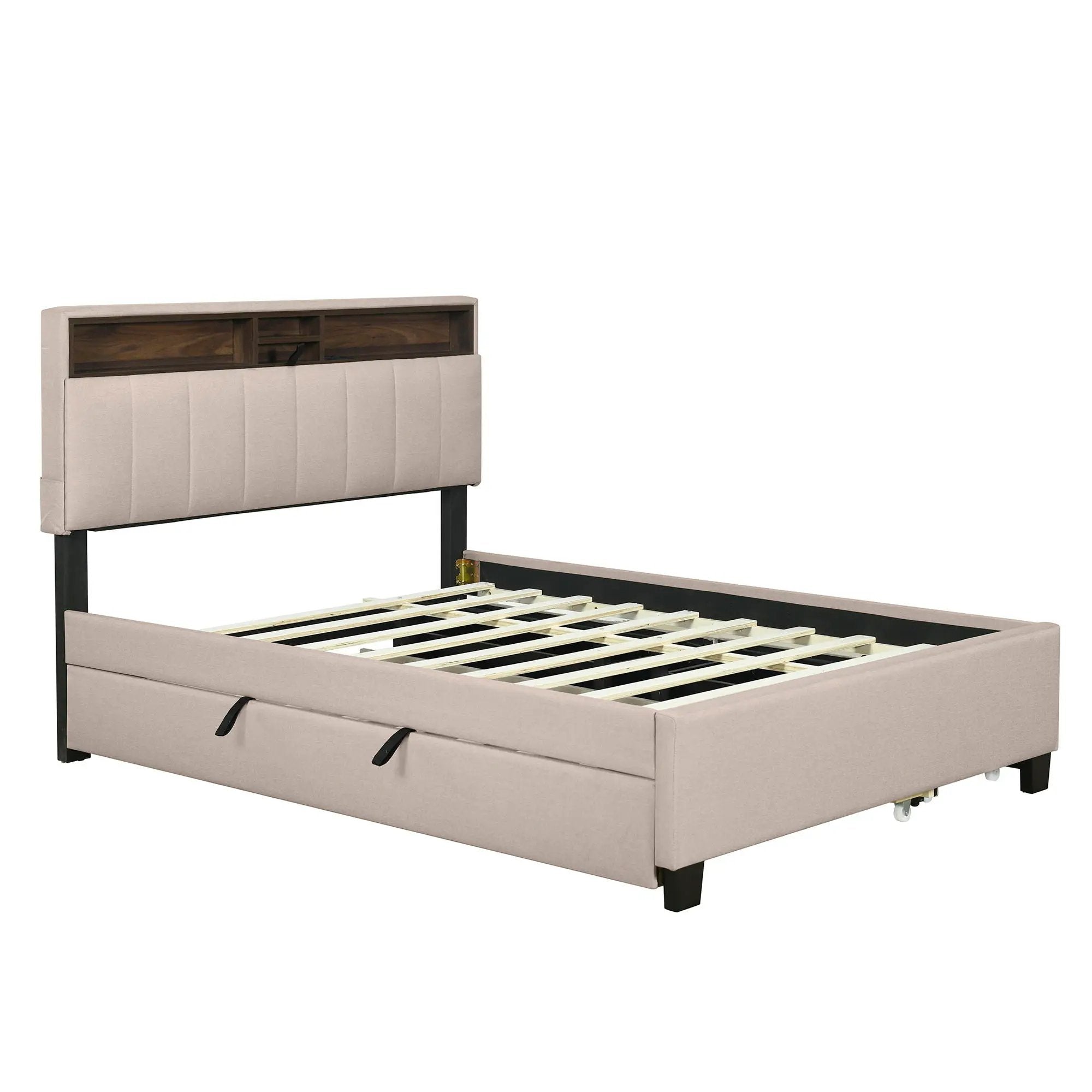 Upholstered Platform Bed With Storage Headboard, Trundle & 2 Drawers And A Set Of Sockets & USB Ports by HouseOfZazla