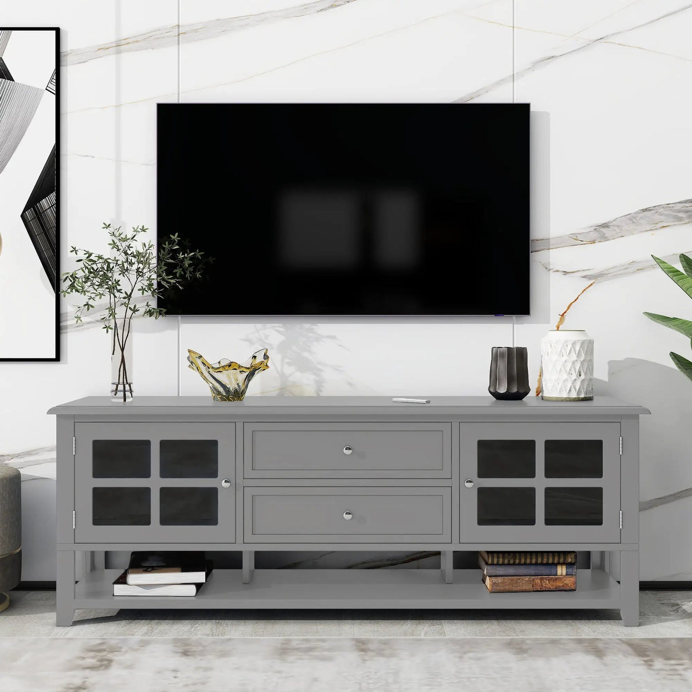 TV Stand, Entertainment Center With Dual Drawers And Hidden Storage, Cabinet With Soft Closing Doors And Sleek Panel Design by HouseOfZazla