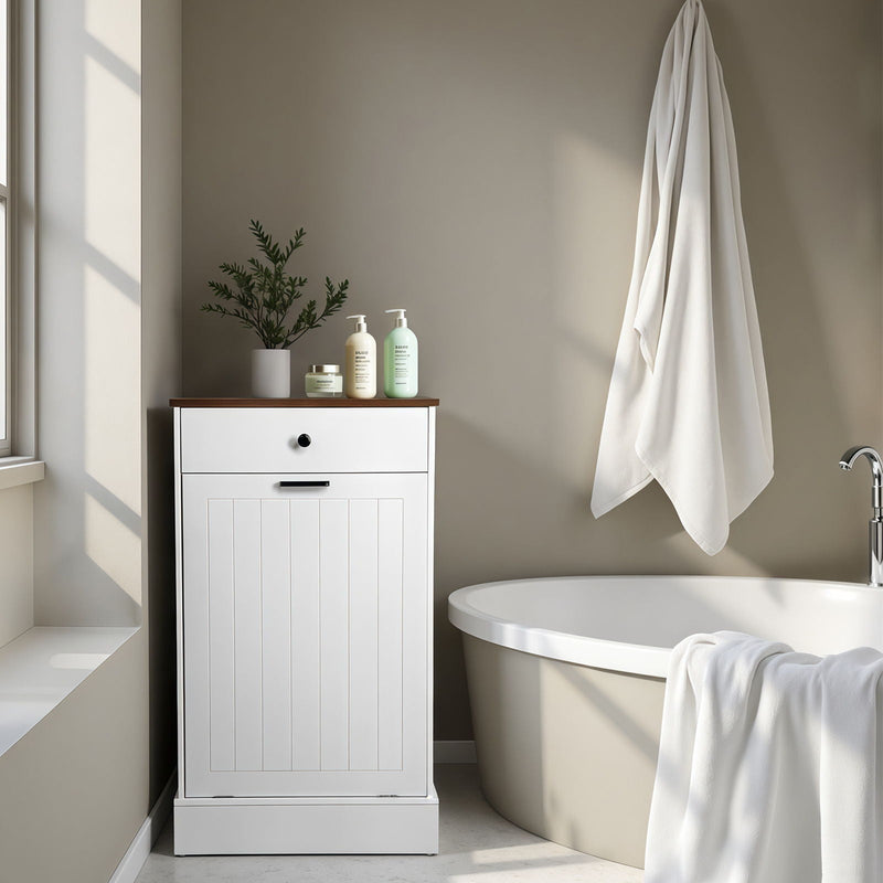 Tilt Out Trash Cabinet With Drawer, 10 Gallon Hamper - White by HouseOfZazla