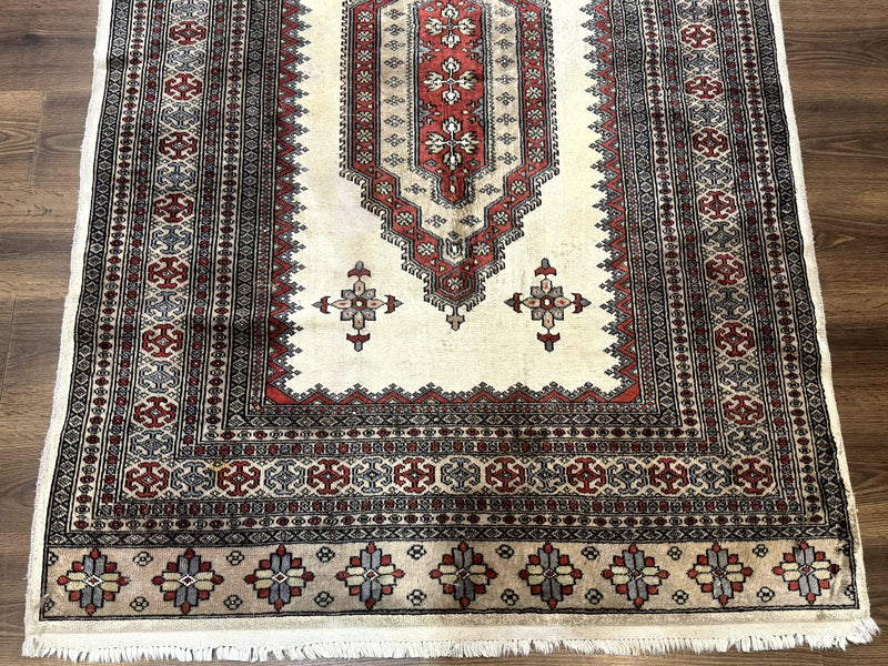 Pakistani Turkoman Rug 4x6, Semi Open Field, Ivory, Vintage by Jewel Rugs