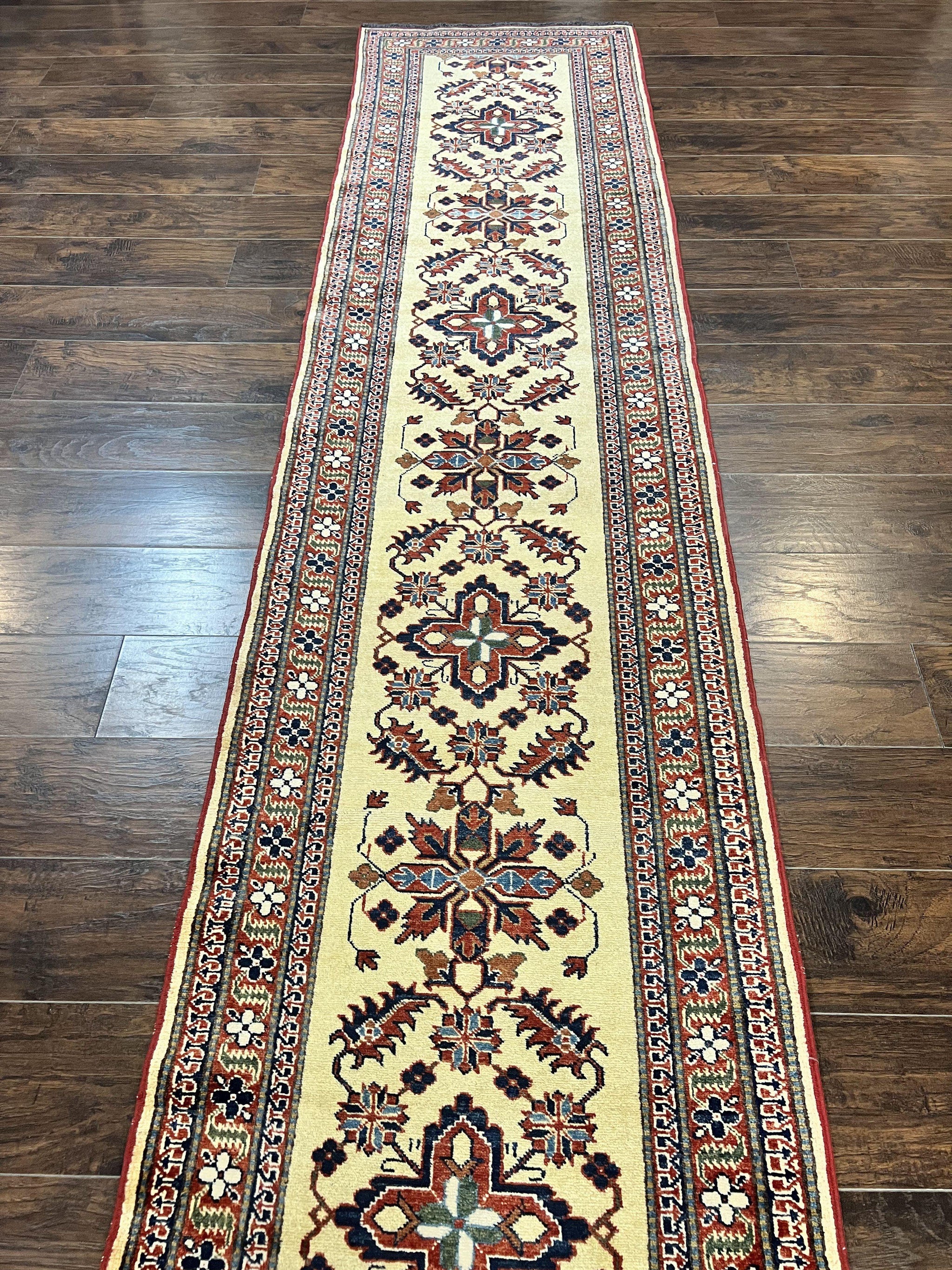 Afghan Heriz Runner Rug 2.9 x 12, Vintage Hand Knotted Persian Carpet for Hallway, 12ft Runner, Wool, Cream by Jewel Rugs