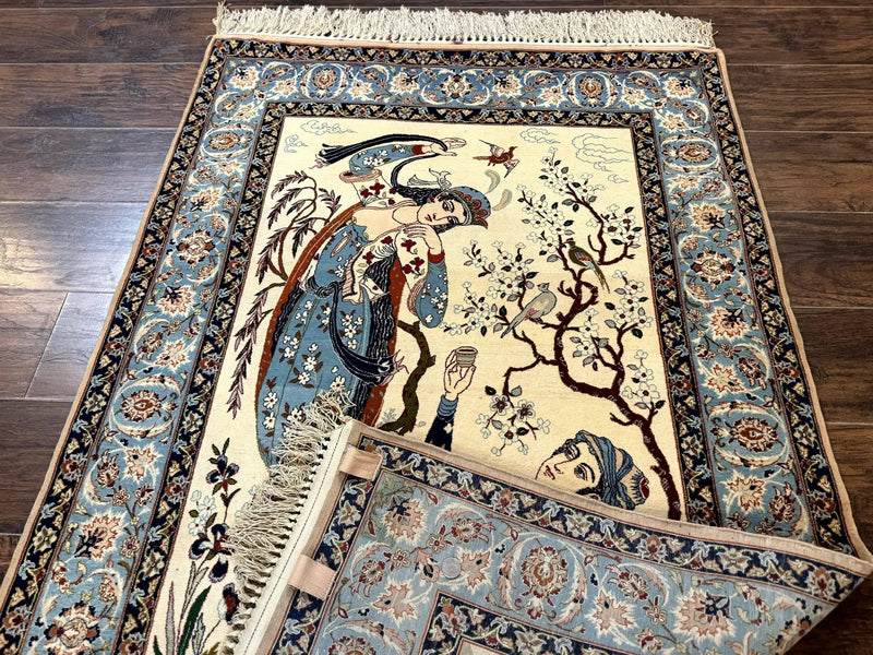 Persian Isfahan Pictorial Rug, Two Lovers, Kork Wool on Silk Foundation, Ivory and Light Blue, 500 KPSI Super Fine by Jewel Rugs