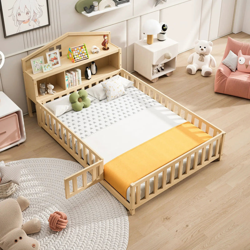 Full Size Montessori Floor Bed With Bookcases And boards, Solid Wood Platform Bed With Guard Rails And Storage Headboards - Natural by HouseOfZazla