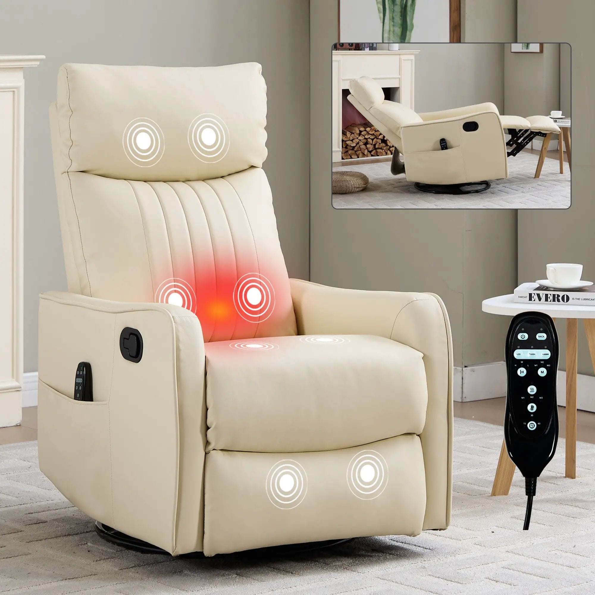 Beige Heat Massage Manual Recliner Chair with Rocker and Swivel by HouseOfZazla