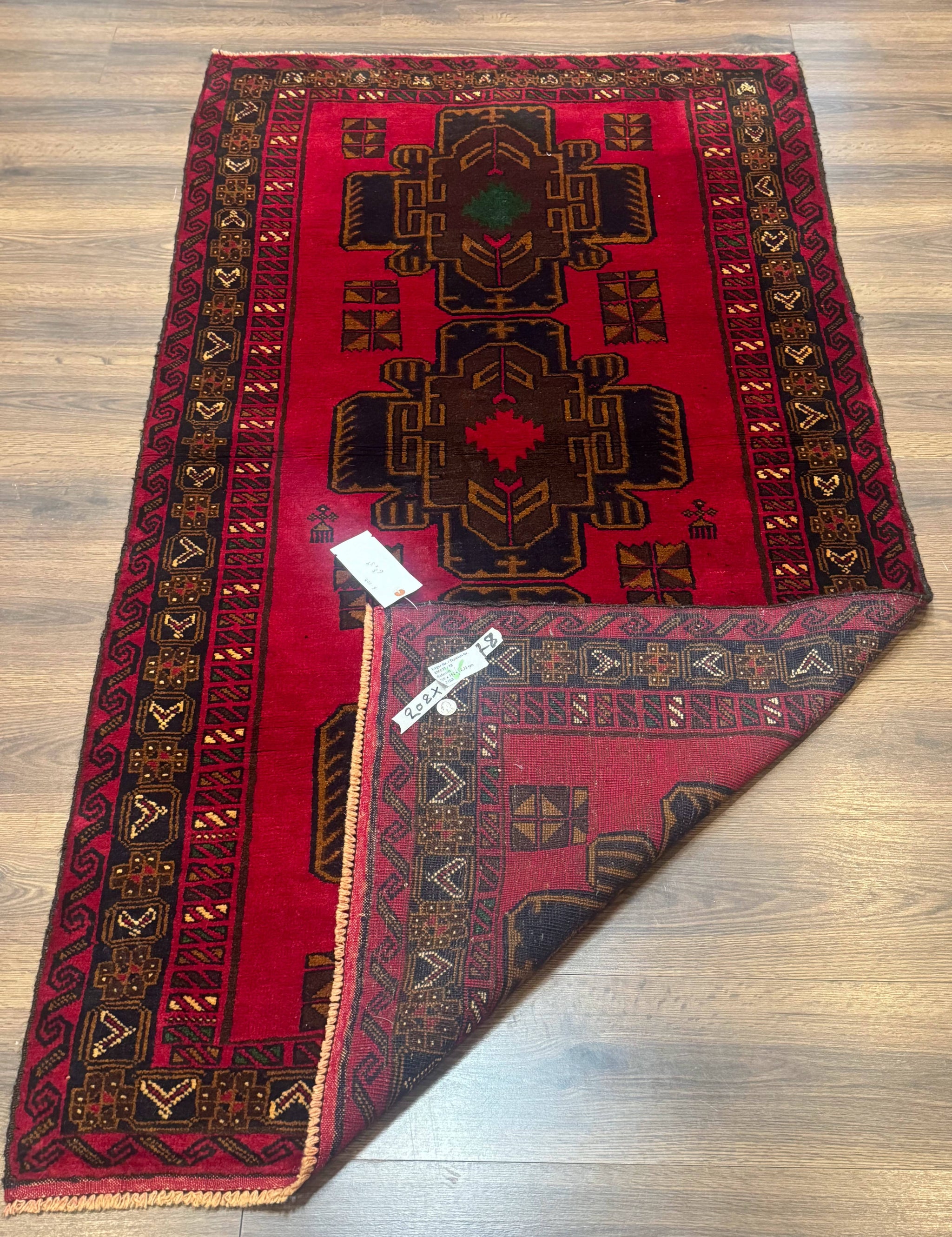 Red Afghan Balouch Rug 4x7, Triple Medallions, Handmade, New by Jewel Rugs