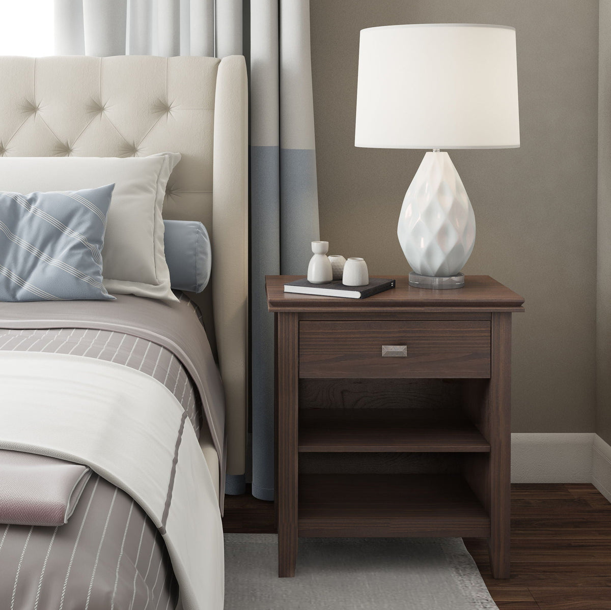 Warm Walnut Brown Bedside Table with Drawer and Shelf - Dark Brown, photo 7 of 7