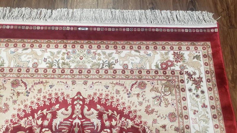 Silk Carpet 4x6 Dark Red & Cream, Tree of Life Rug, Animal Motifs, Birds Deer Rabbits, All Bamboo Silk, 4 x 6 Silk Area Rug by Jewel Rugs