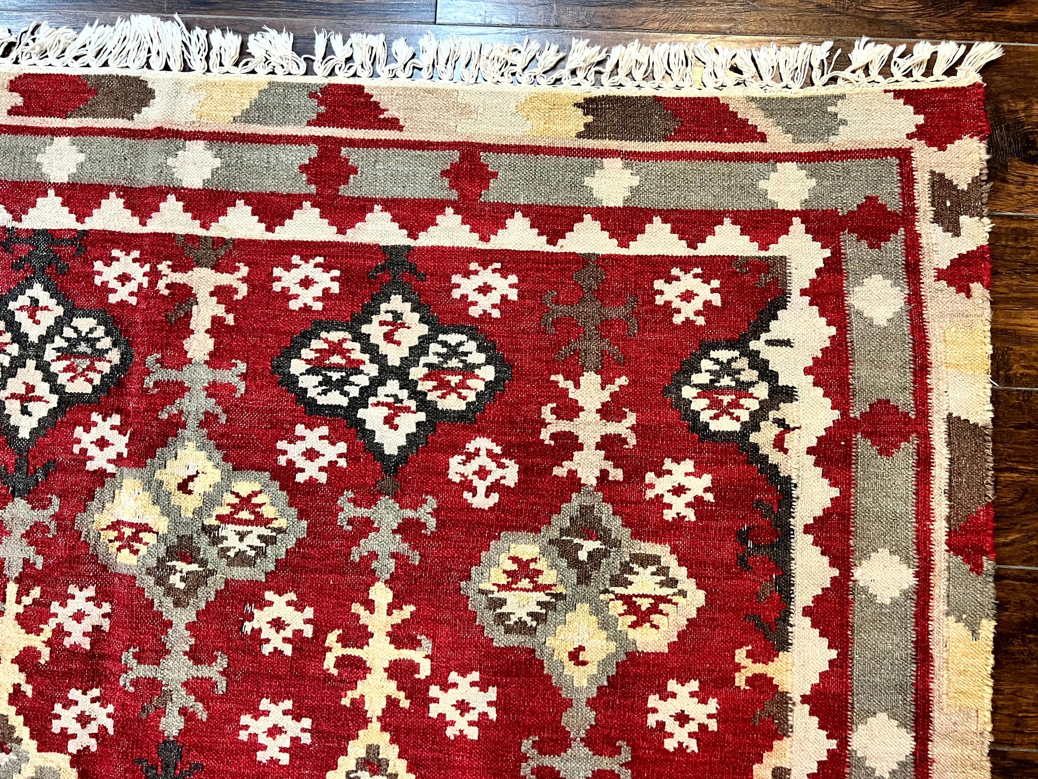 Indian Kilim Rug 6x6, Square Kilim Flatweave Carpet, Vintage Handmade Wool Rug, Red by Jewel Rugs