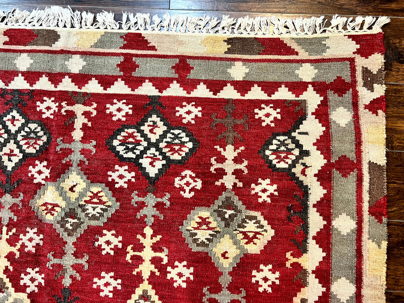 Indian Kilim Rug 6x6, Square Kilim Flatweave Carpet, Vintage Handmade Wool Rug, Red by Jewel Rugs