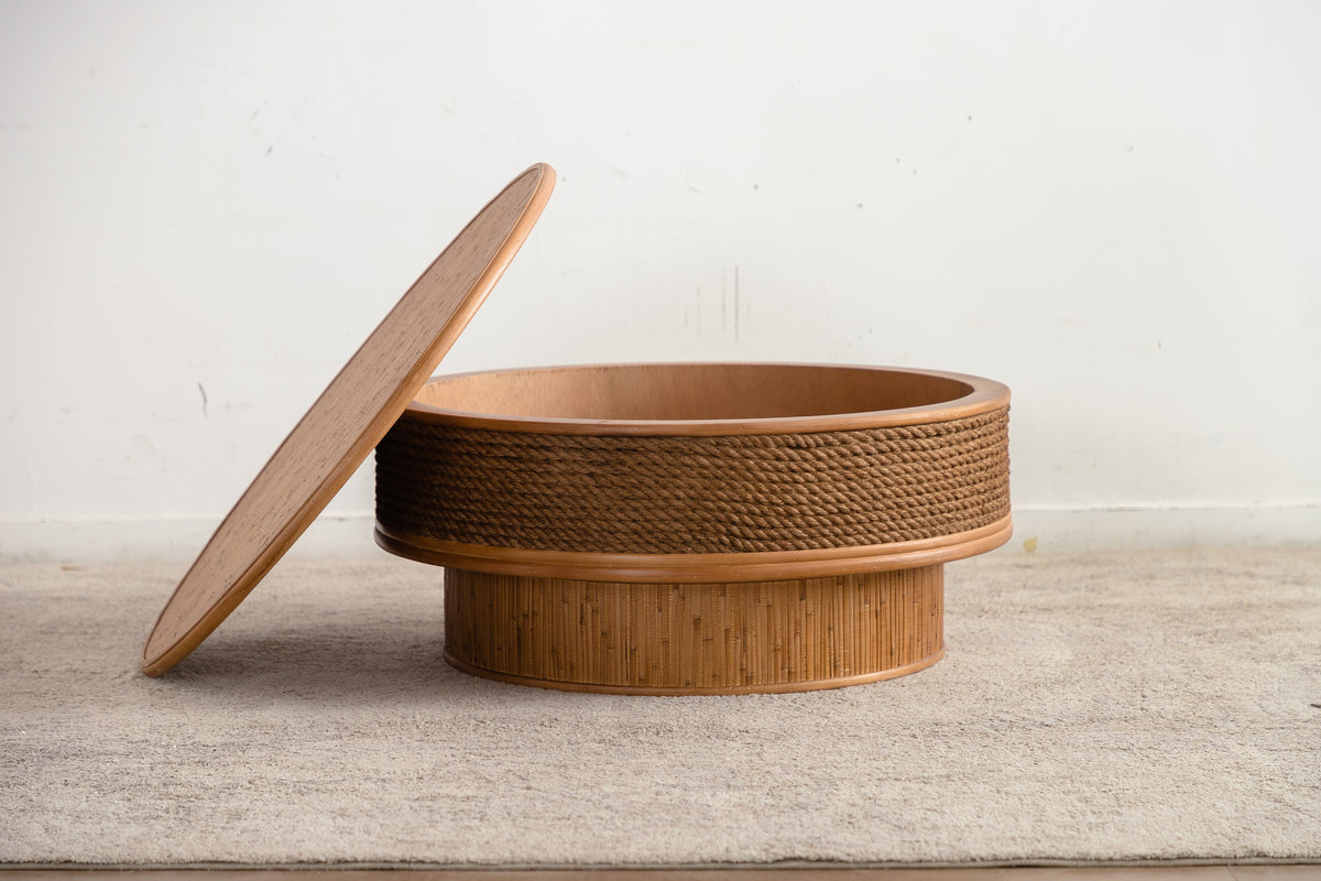 31.5" Round Retro Coffee Table With Flip-top Cover - Hemp Rope + Rattan,Featuring a Vintage, photo 8 of 10