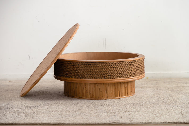 31.5" Round Retro Coffee Table With Flip-top Cover - Hemp Rope + Rattan,Featuring a Vintage, photo 8 of 10