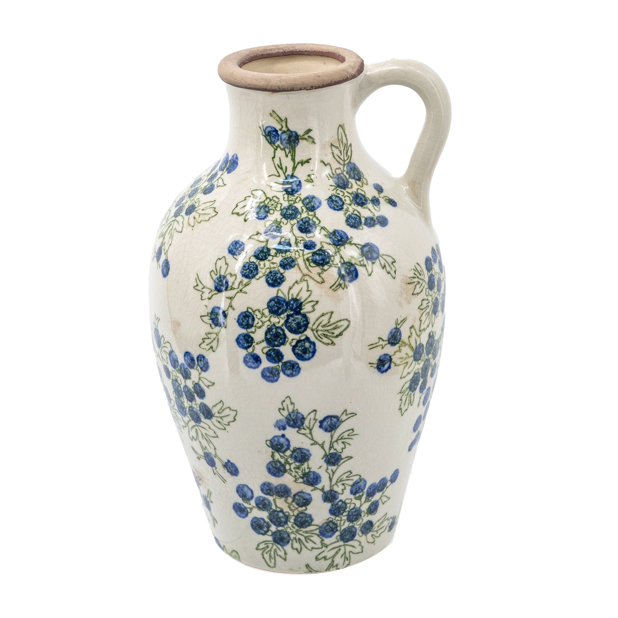 7.5x7.3x12" White Ceramic Vase with Blueberry Motif by HouseOfZazla