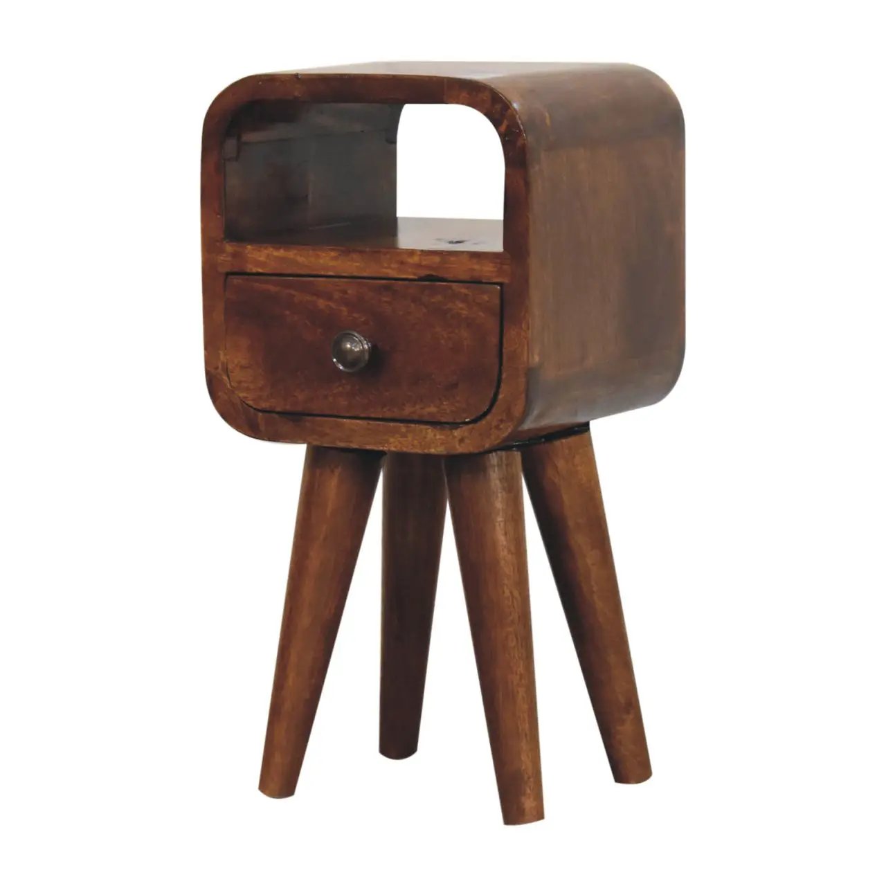 Solid Wood Extra Mini Curve Bedside, 1-Drawer, 1 Open-Slot, Chestnut by HouseOfZazla