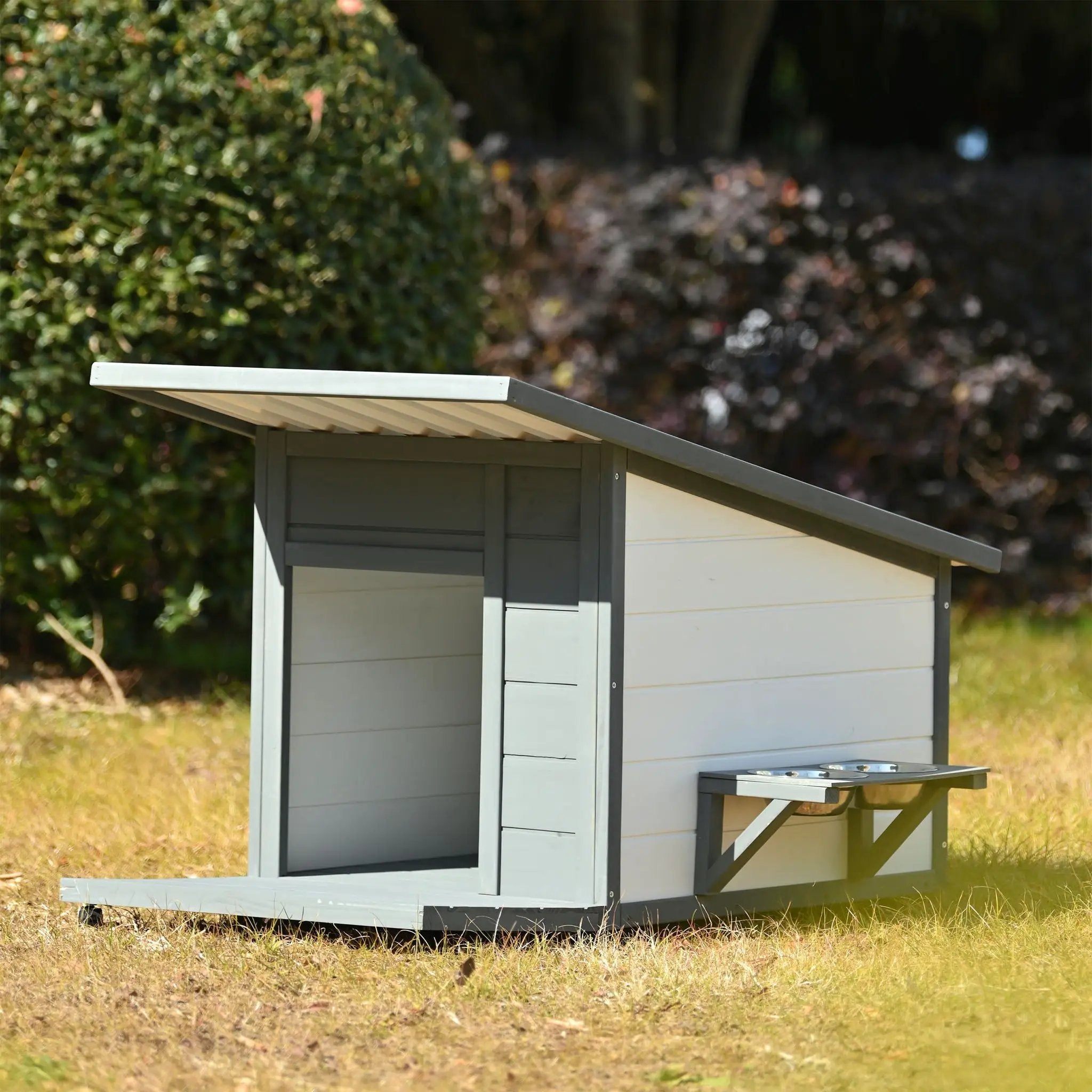 Modern Design Outdoor Dog House With Food Bowl And Wheels Pine - Gray / White by HouseOfZazla