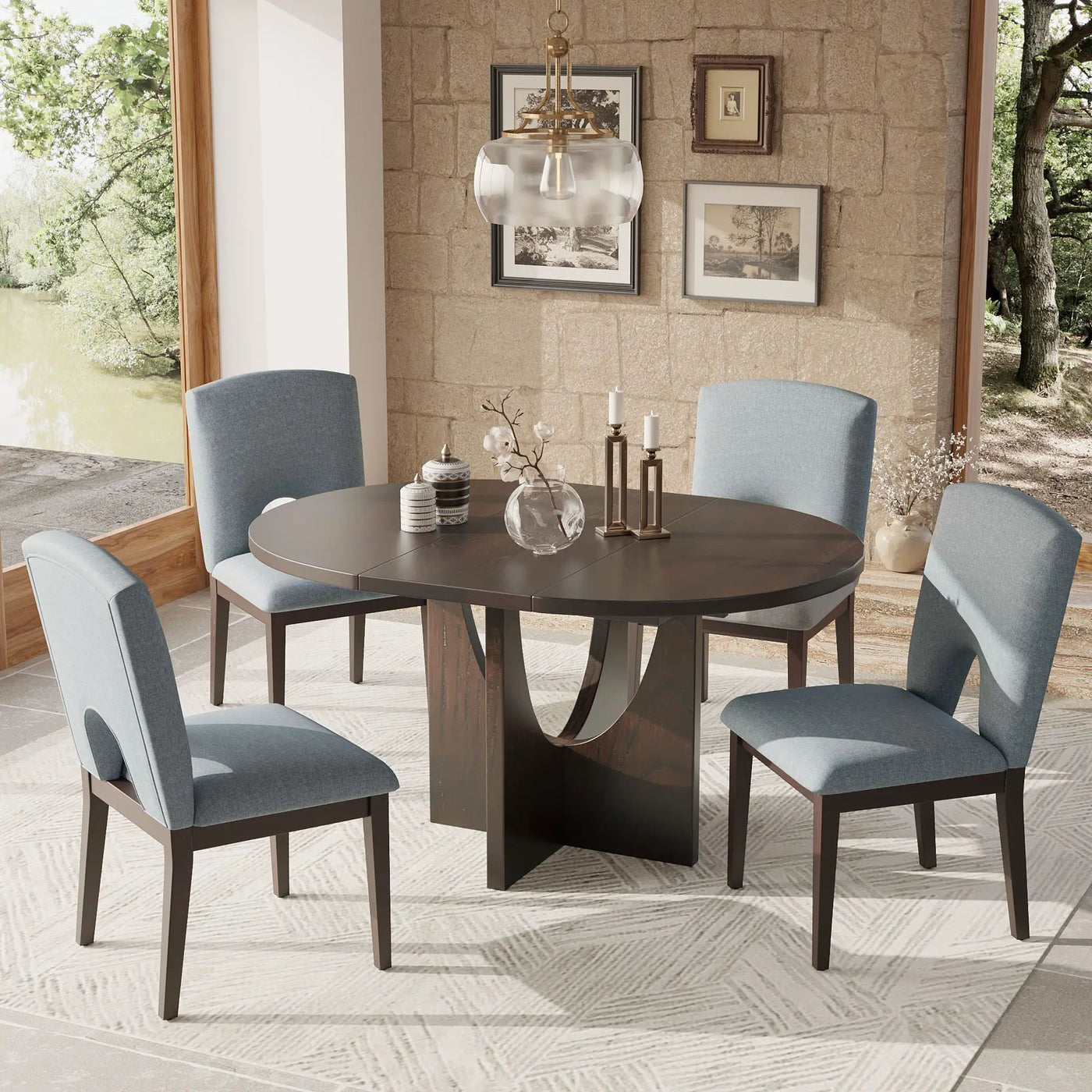 Topmax - 5 Piece Modern Extendable Round Dining Table Set With Removable Leaf For Small Places by Unique Piece Furniture
