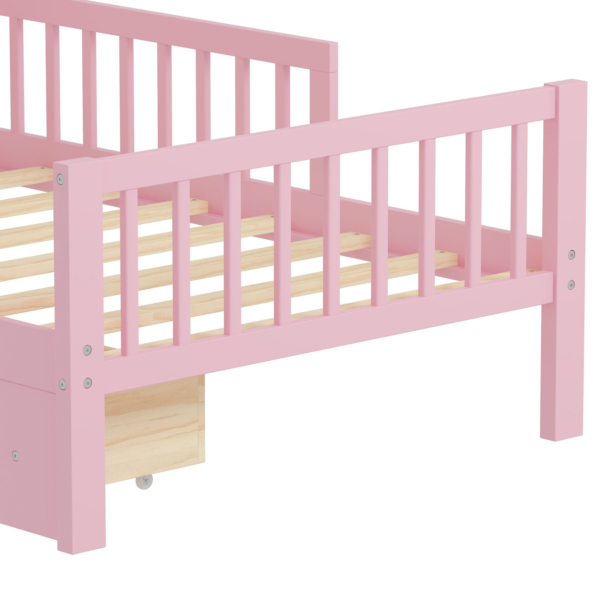 Bed With Headboard Storage Rack, 2 Under Bed Drawers, 3 Side Guardrails For Safety by HouseOfZazla