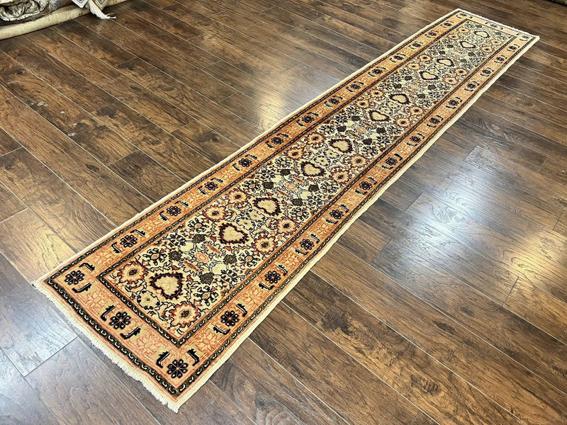 Romanian Runner Rug 2.6 x 12.9, Wool Handmade Hand Knotted Skinny Runner for Hallway, Floral Allover, Vintage Tan Runner by Jewel Rugs