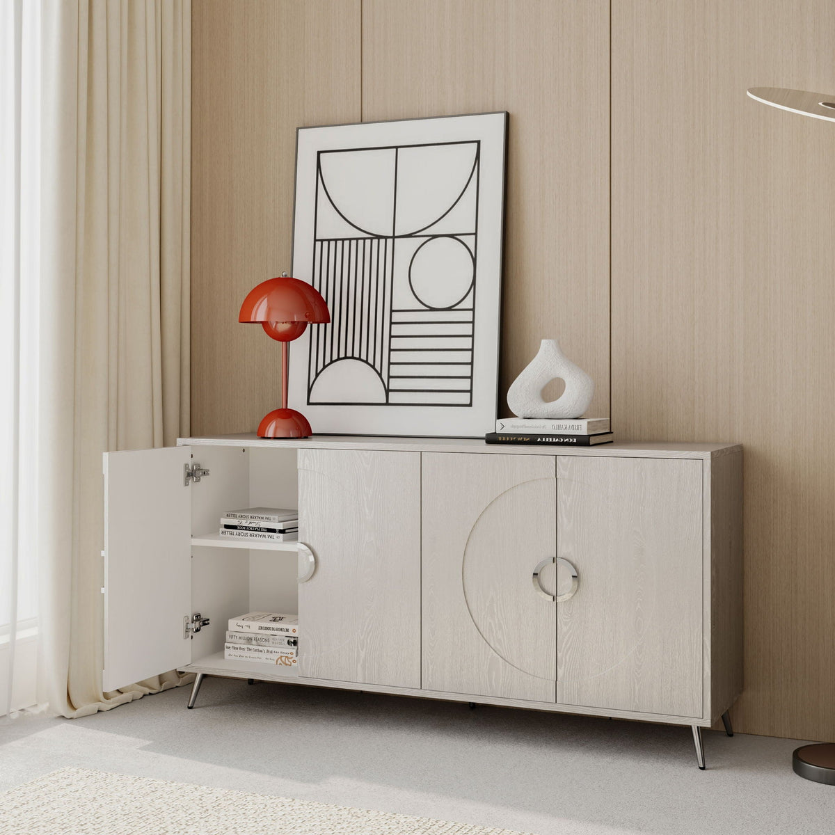 Modern Lacquered 4 Door Wooden Sideboard with Adjustable Shelves - Pearl Silver, Blue, Black, photo 12 of 12