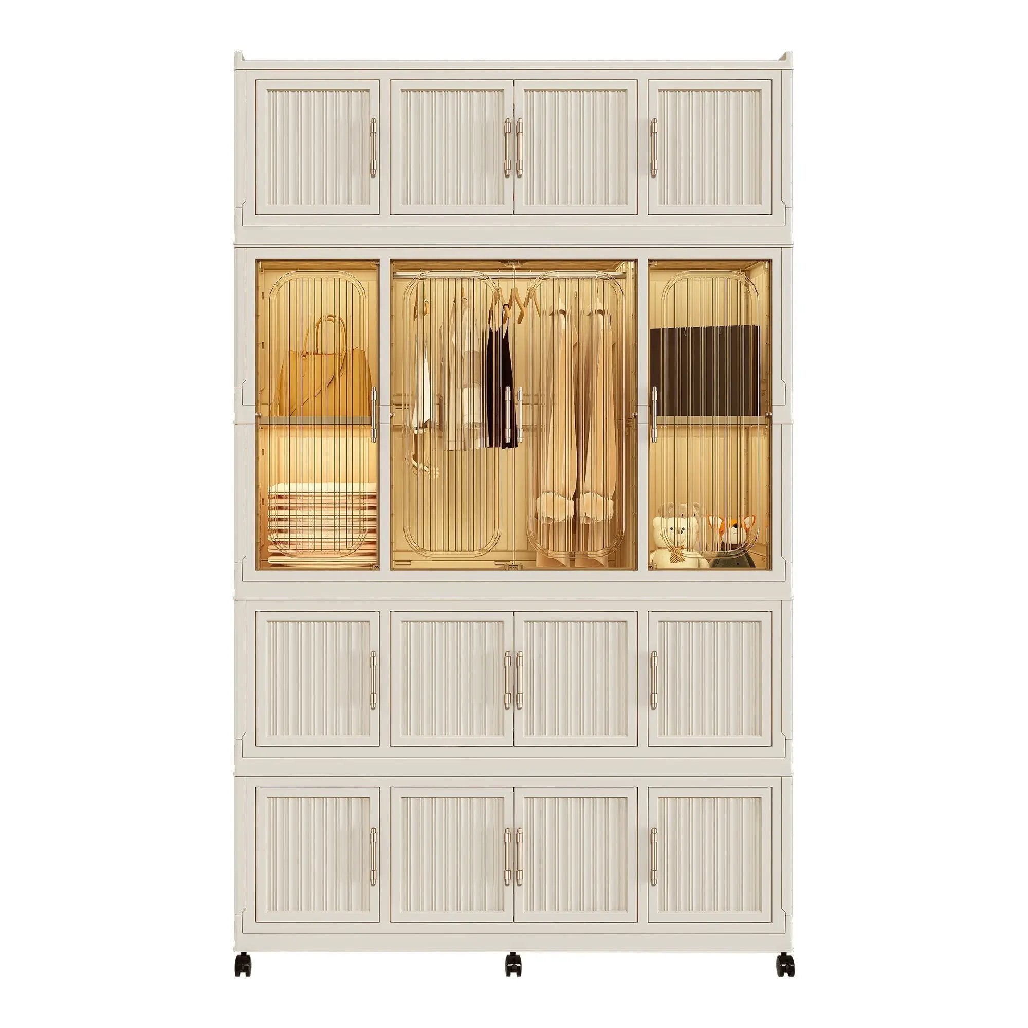 Portable Wardrobe Closet Storage Organizer With 17 Magnetic Doors, 17 Cubes, Hanging Rod & 6 Hangers - Creamy White by HouseOfZazla