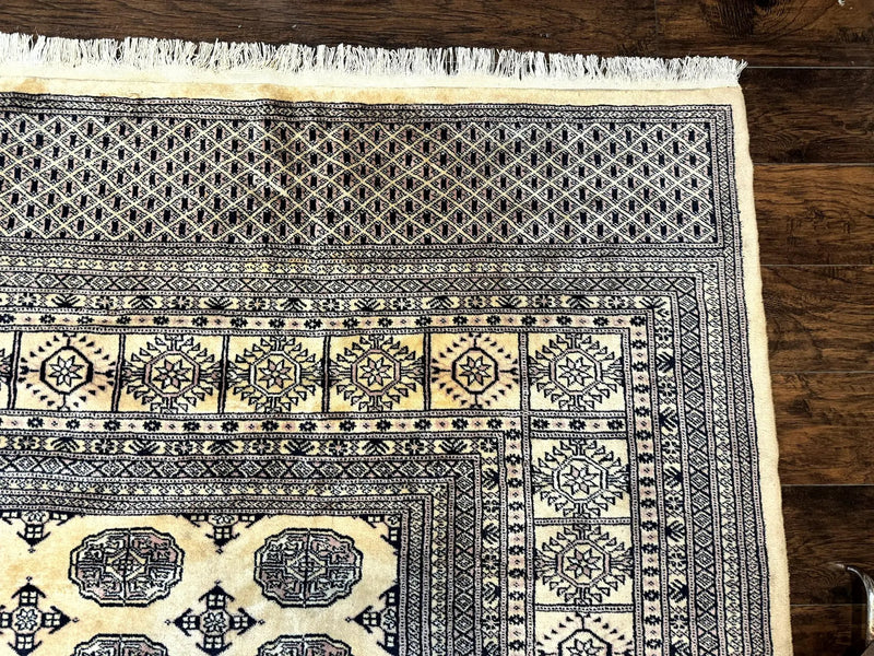 Pakistani Bokhara Turkoman Rug 9x11, Cream, Handmade Wool Vintage Carpet by Jewel Rugs