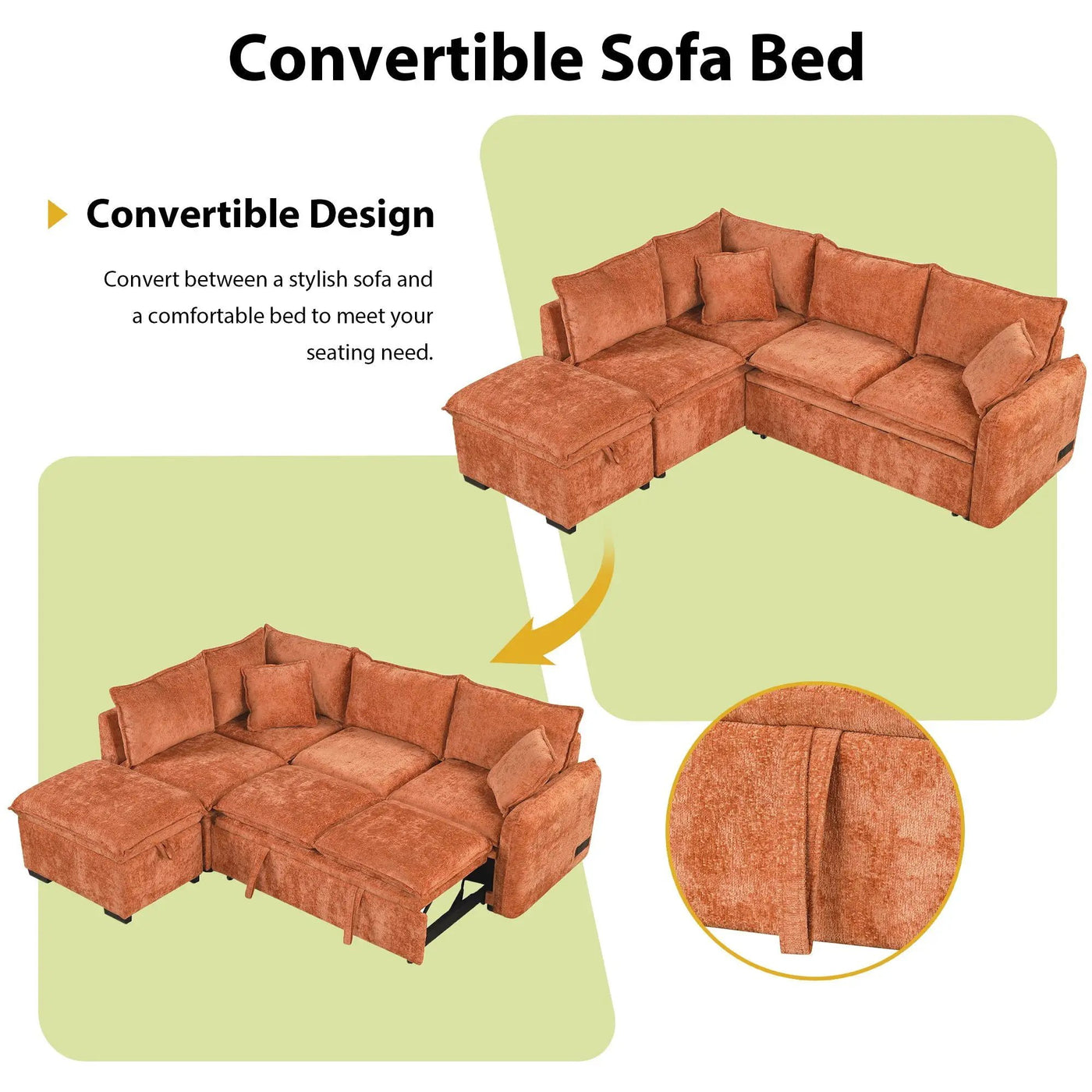 Convertible Sofa Bed Sectional Sofa Sleeper L-Shaped Sofa With A Storage Ottoman, Two Pillows, Two Power Sockets And Two USB Ports For Living Room by Unique Piece Furniture