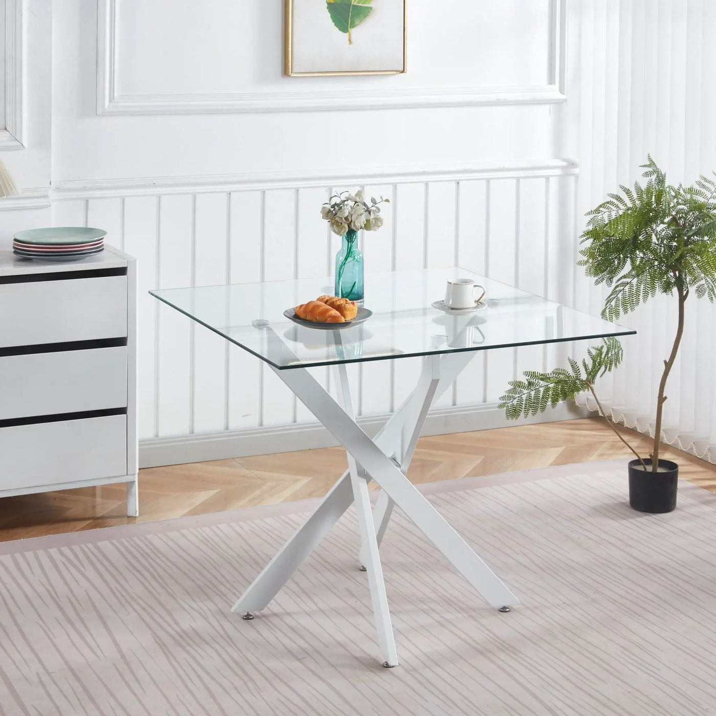 Dining Table With Cross Metal Leg And Tempered Glass, Modern Space Saving Kitchen Table For Living Room Legs, Square Table by HouseOfZazla