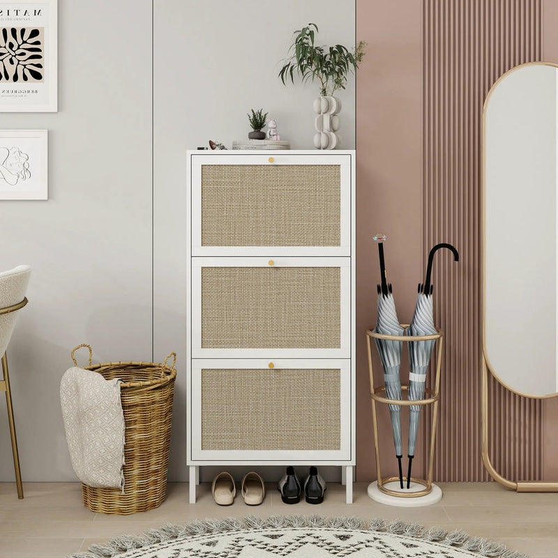 Modern Rattan 3 Door Shoe Rack Cabinet for Entryway by HouseOfZazla