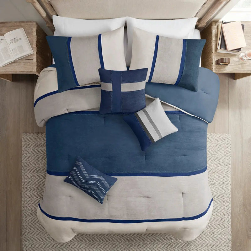 7 Piece Faux Suede Comforter Set Blue King by HouseOfZazla