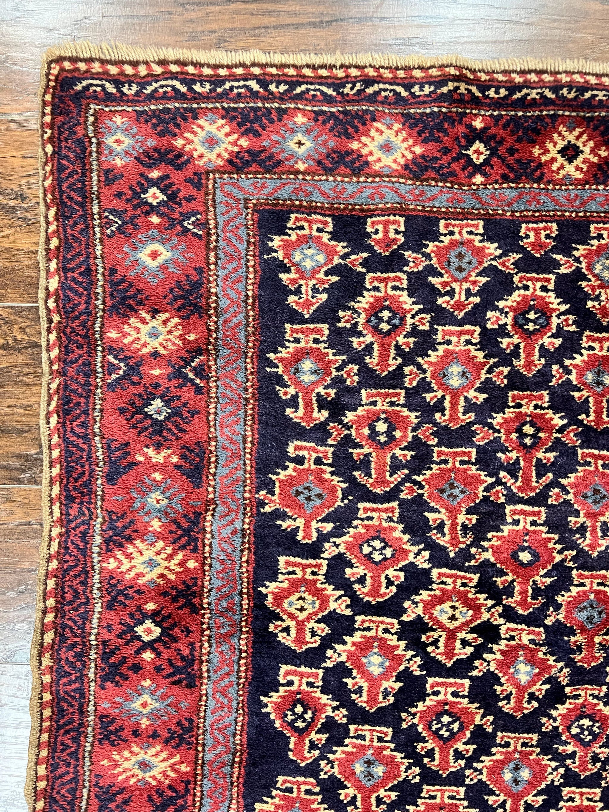 Turkish Sparta Rug 3x4, Allover Pattern, Navy Blue and Red, Antique Ispara Oriental Carpet 3 x 4, Small Turkish Handmade Vintage Wool Rug by Jewel Rugs