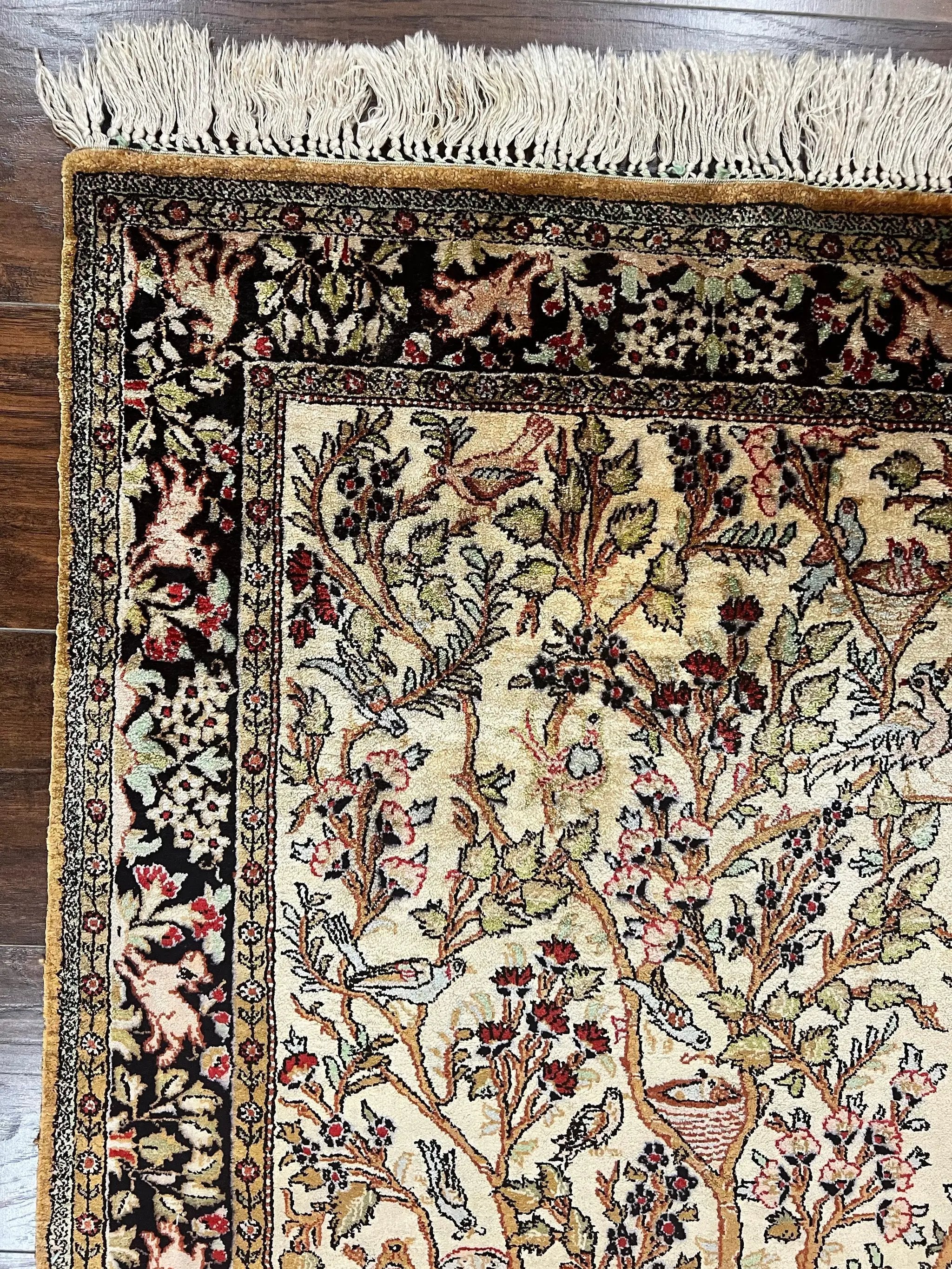 Silk Tree of Life Persian Qum Rug 3x4, Hand Knotted Vintage Carpet, Cream & Black, Very Fine Oriental Rug, Animal Pictorials, Birds by Jewel Rugs