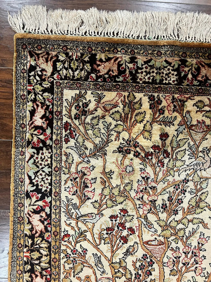 Silk Tree of Life Persian Qum Rug 3x4, Hand Knotted Vintage Carpet, Cream & Black, Very Fine Oriental Rug, Animal Pictorials, Birds by Jewel Rugs