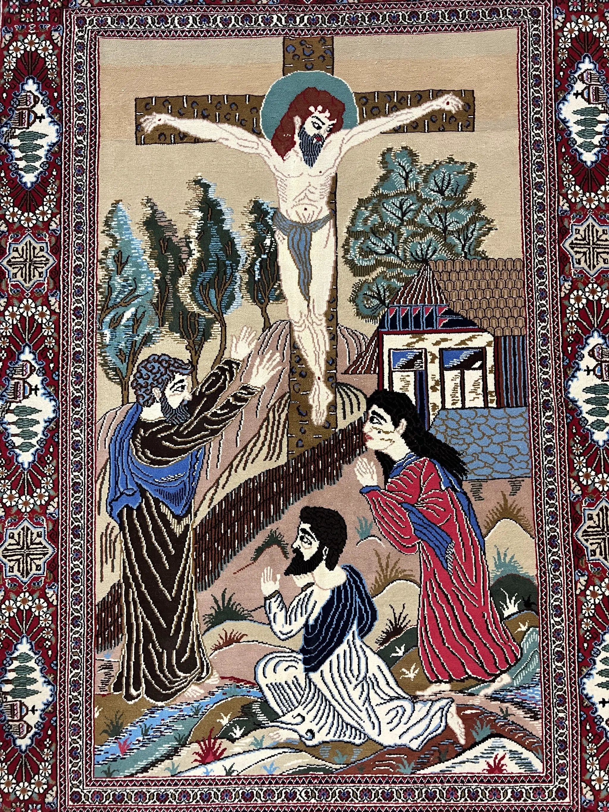 Persian Kashan Pictorial Rug 3x5 - Jesus on Cross by Jewel Rugs