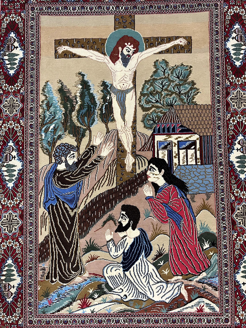 Persian Kashan Pictorial Rug 3x5 - Jesus on Cross by Jewel Rugs