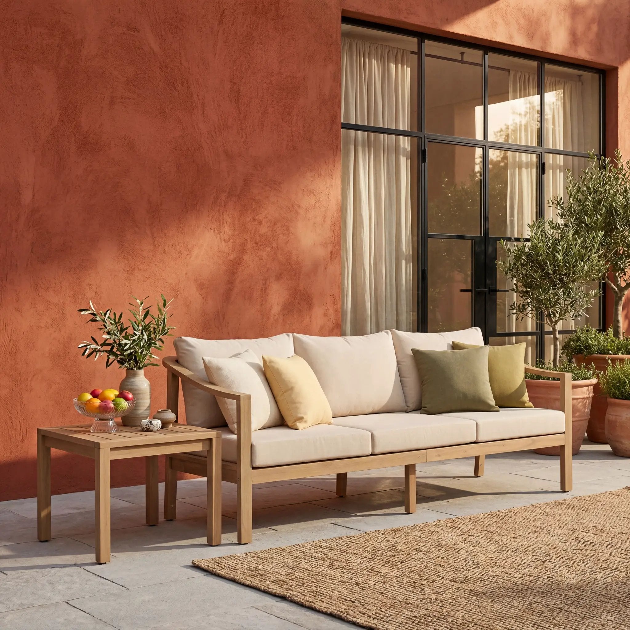 77.95" Outdoor Acacia Wood 3-Seater Sofa with Beige Cushions by HouseOfZazla