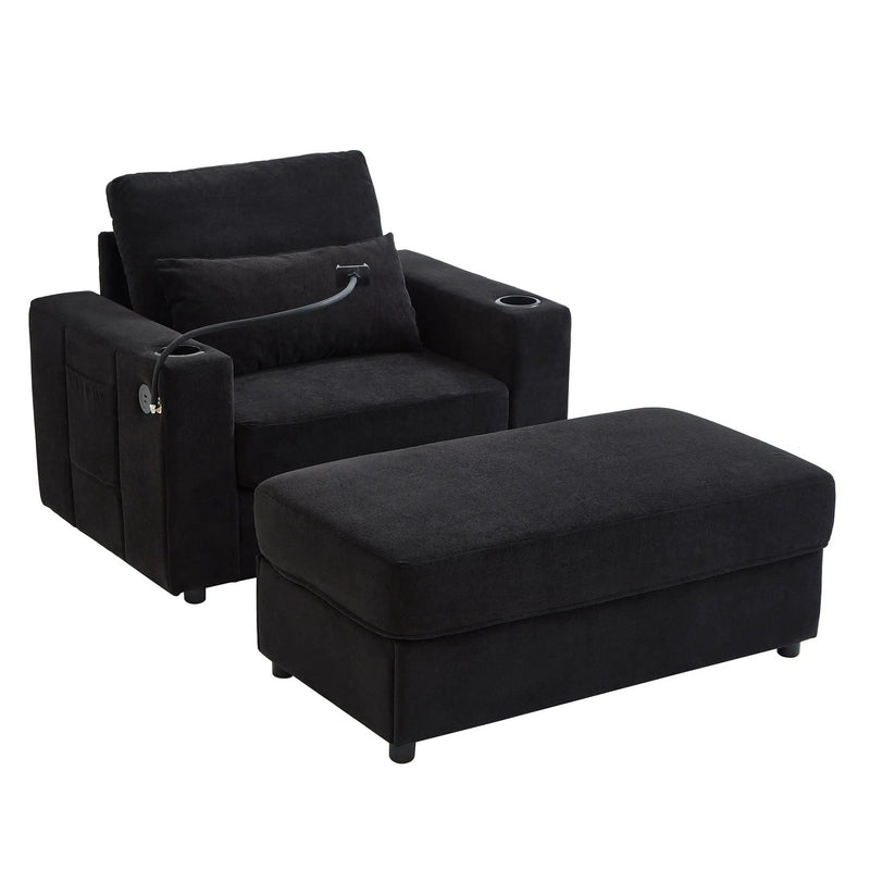 Modern Style Armchair Chaise Lounge Sofa Couch With Movable Storage Ottoman, USB Ports, Cup Holders, Phone Holder, Side Pockets by HouseOfZazla
