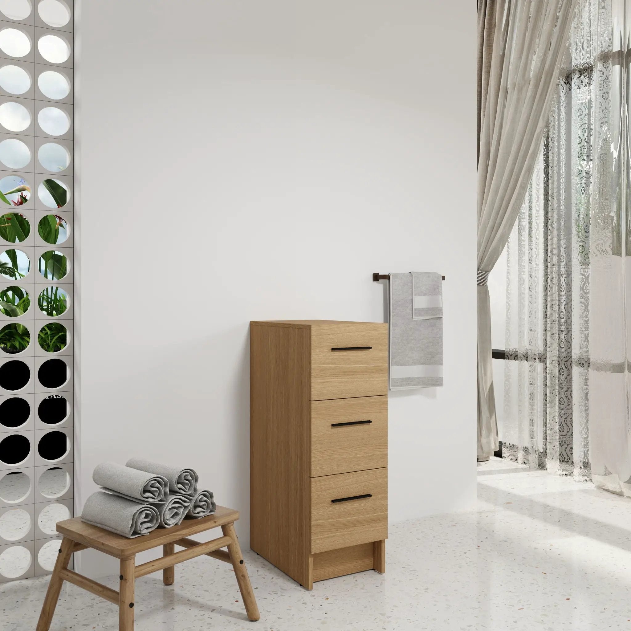 Slim Freestanding Bathroom Storage Cabinet, 3 Drawers - Light Oak by Unique Piece Furniture