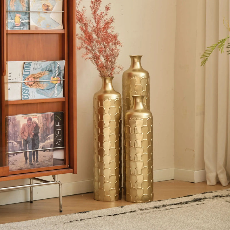 Floor Metal Vases Decorated White Metal Vases (Set of 3) Gorgeous Home Decoration Large Glazed Metal Vases - Golden by HouseOfZazla