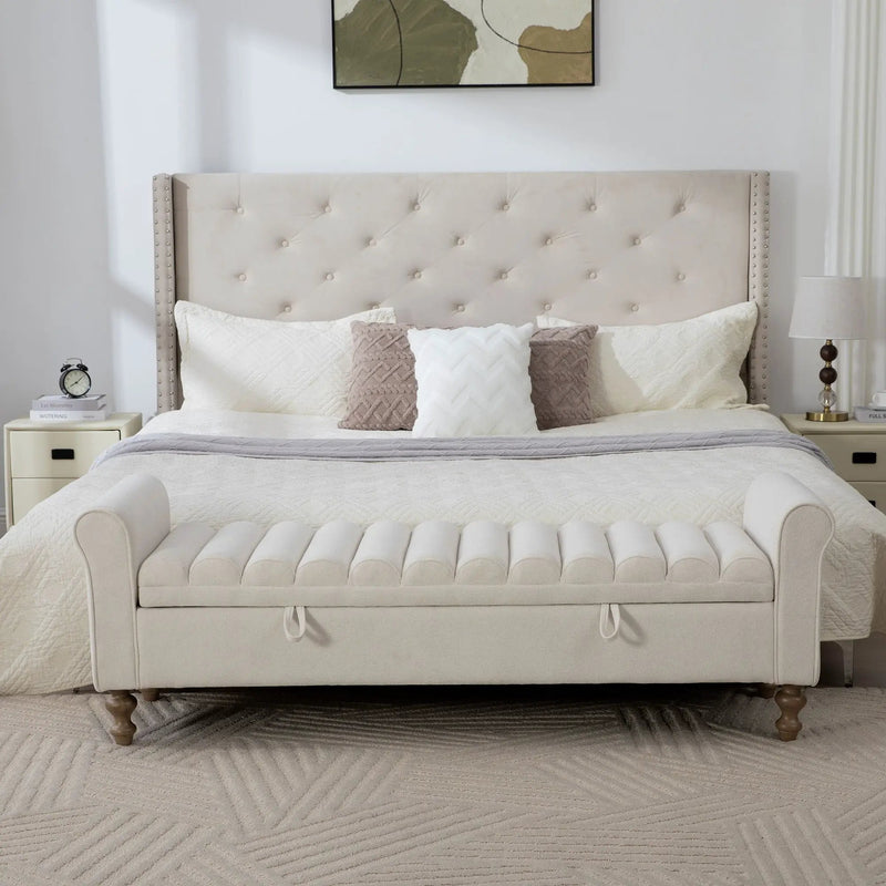 Wide Modern Upholstered Storage Bench With Rolled Armrest by HouseOfZazla